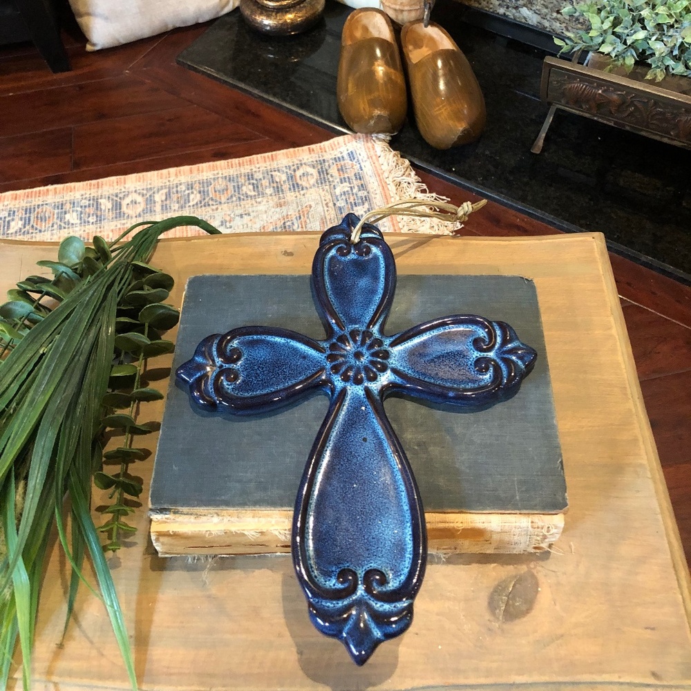 Blue Glazed Pottery Cross, Wall Hanging Leather Hanger  9.25 X 11.75"